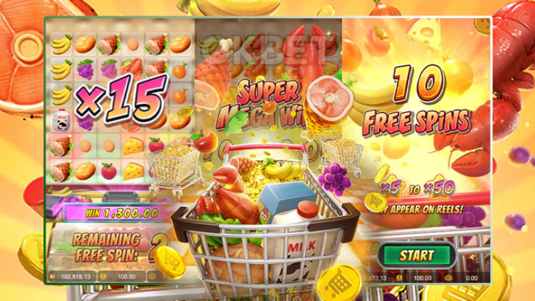 "Supermarket Spree PG Soft slot game featuring vibrant grocery symbols, free spins, and bonus rounds."